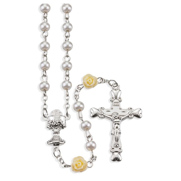 White Glass Bead First Communion Rosary with Roses, Boxed