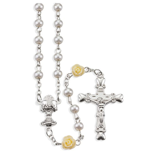 White Glass Bead First Communion Rosary with Roses, Boxed