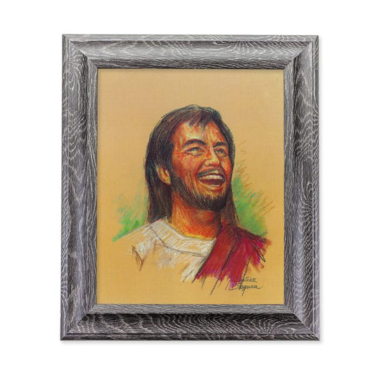 10" Laughing Jesus Print in Grey Oak Finish Frame
