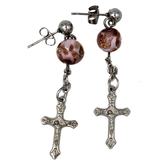Stainless Steel Crucifix Earrings with Pink Murano Beads