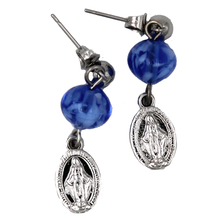 Stainless Steel Miraculous Medal Earrings with Blue Murano Beads