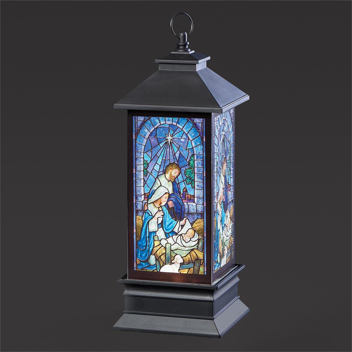 10.5"H LIGHTED SWIRL LANTERN STAINED GLASS HOLY FAMILY