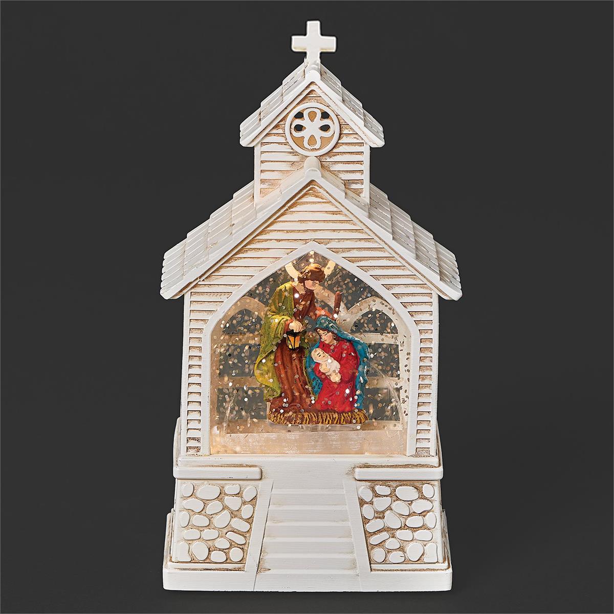 7"H LIGHTED SWIRL MINI CHURCH WITH HOLY FAMILY