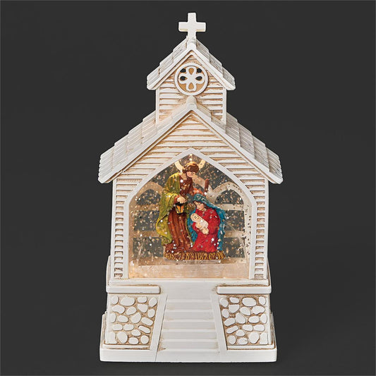 7"H LIGHTED SWIRL MINI CHURCH WITH HOLY FAMILY