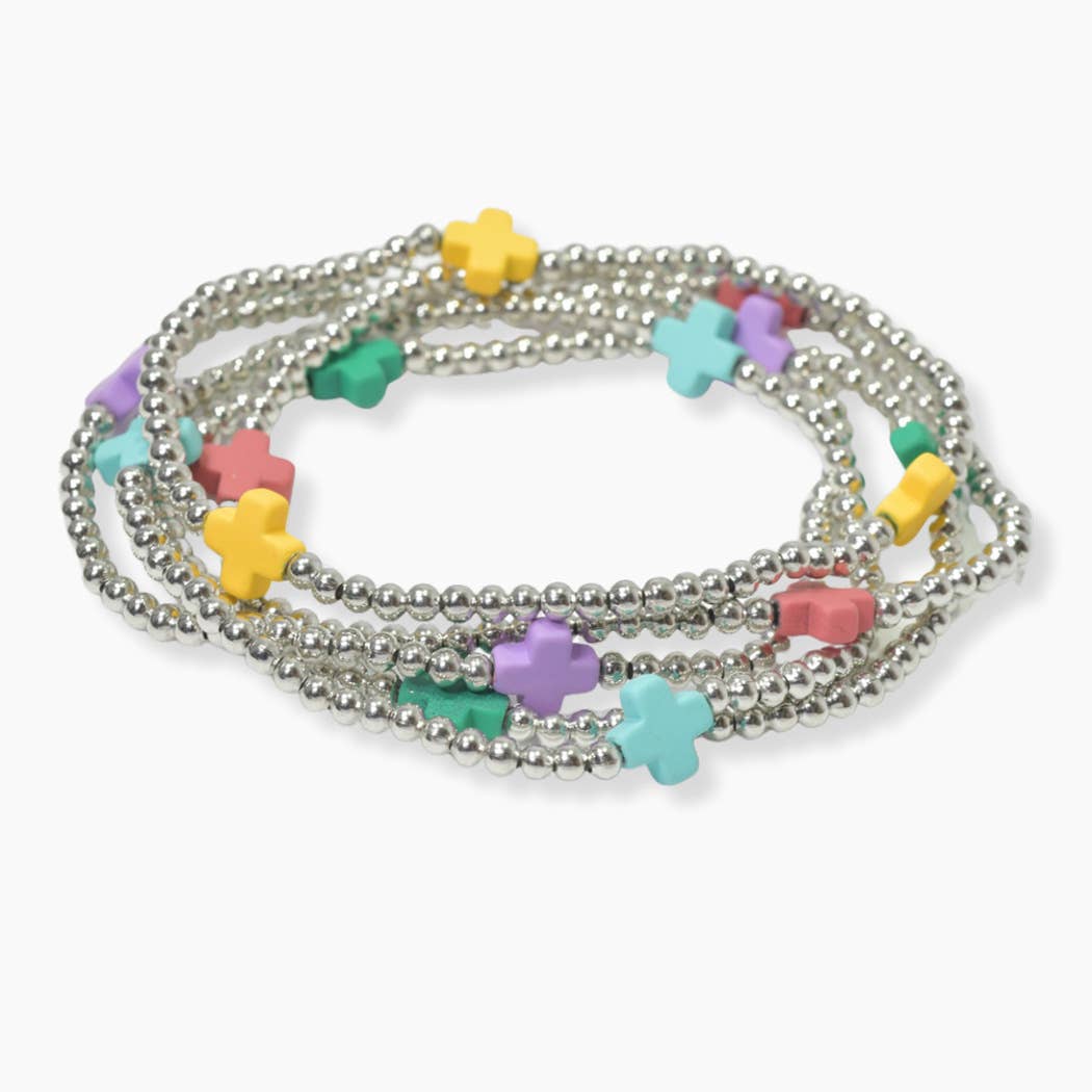 Multi layered gold bead stretch bracelet with cross accent n