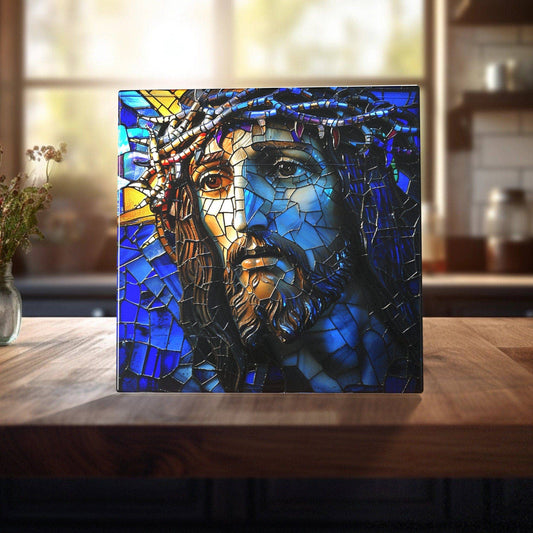 Jesus - Crown of Thorns Stained Glass-Like Ceramic Tile - Inspirational Religious Artwork