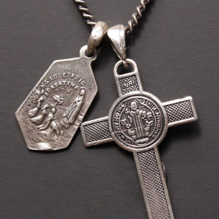 Sterling Silver Cross & Mary Pendants Necklace for Men