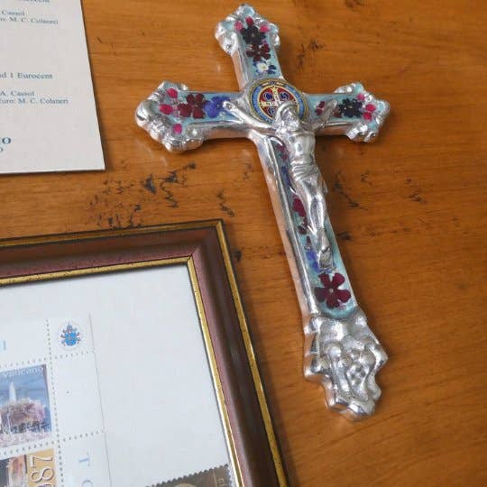 Baroque Wall Small Crucifix w/ Pressed Flowers & St. Benedict Medal 7.5"