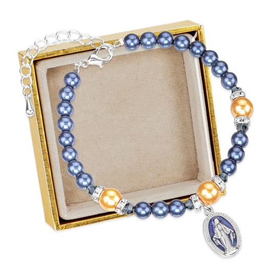 Dark Blue Bracelet w/ Gold Glass Accent and Miraculous Medal.