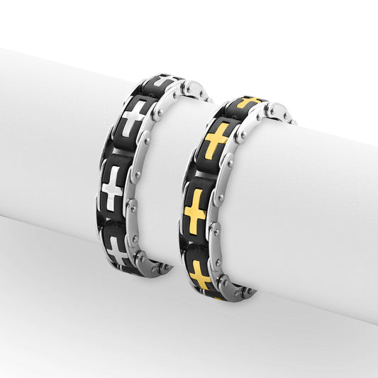 Stainless Steel And 18K Gold PVD Coated Cross Bike Chain Bracelet