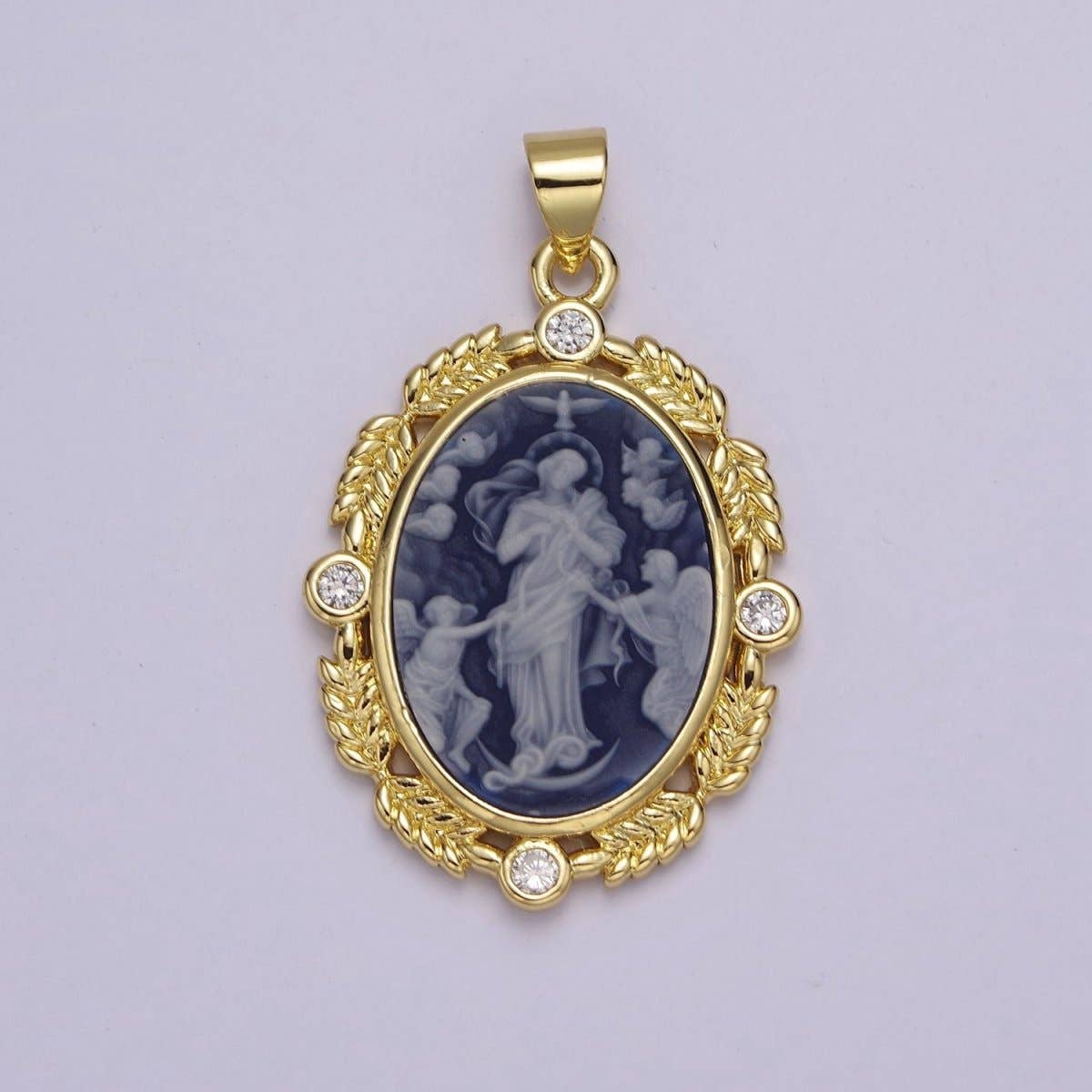 Dainty Vintage Blue Agate Jesus pendant Angel cameo