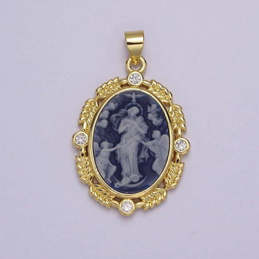 Dainty Vintage Blue Agate Jesus pendant Angel cameo