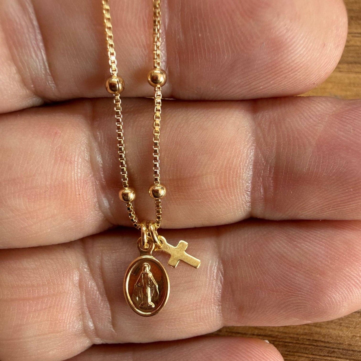 Gold-Filled Miraculous Medal and Cross Necklace 17.5"