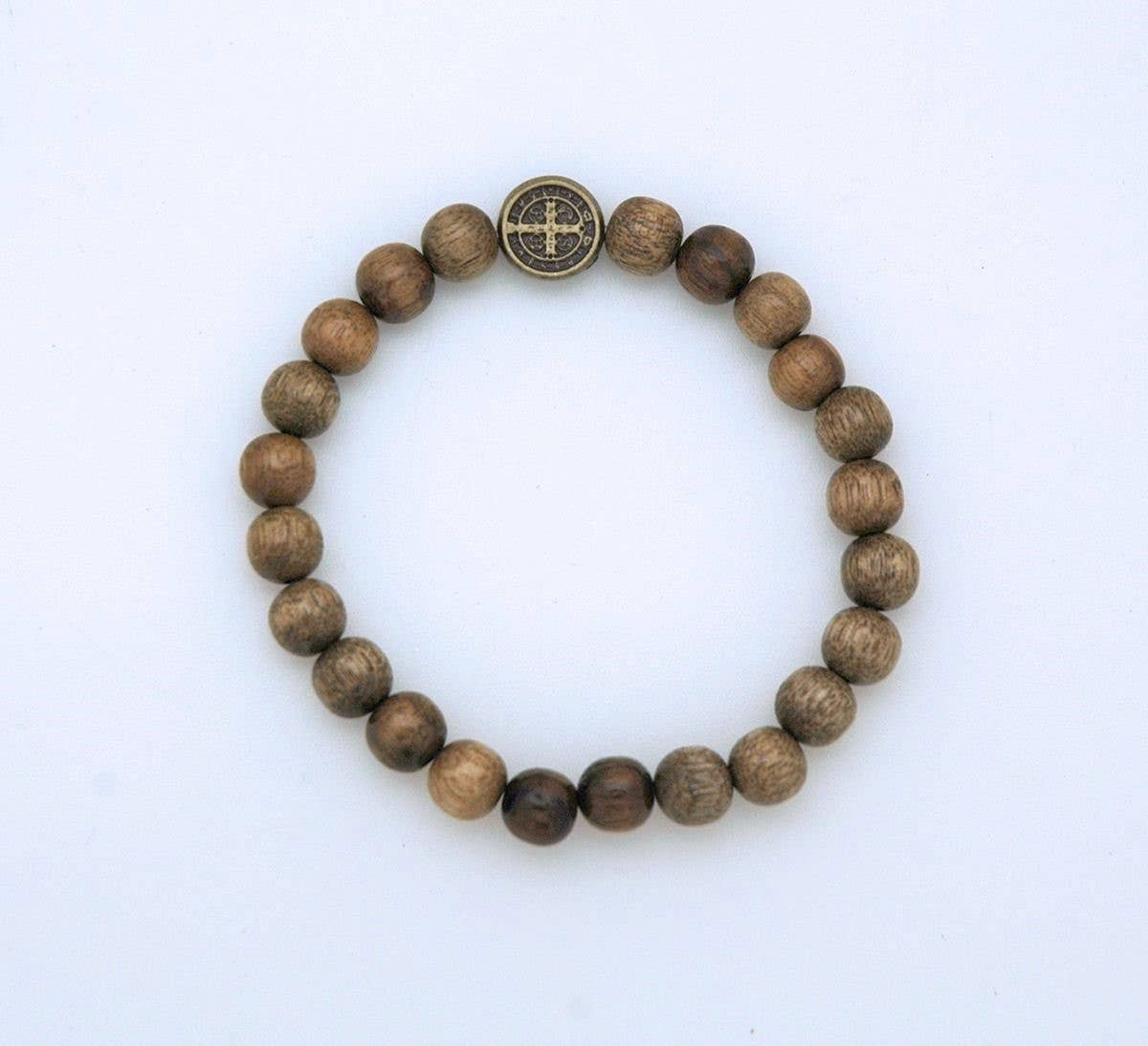 Benedict Medal Brazilian Wood Prayer Beads Bracelet