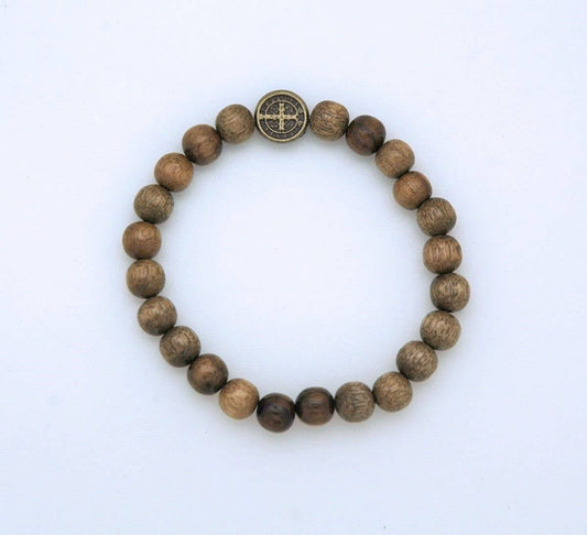 Benedict Medal Brazilian Wood Prayer Beads Bracelet