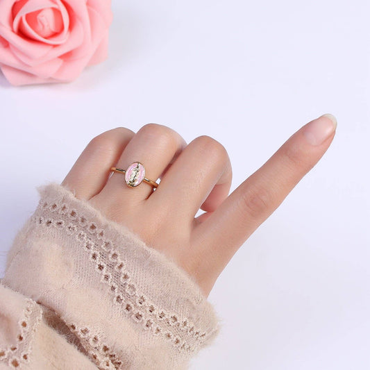 Gold Filled Oval Virgin Mother Mary Shell Opal Ring