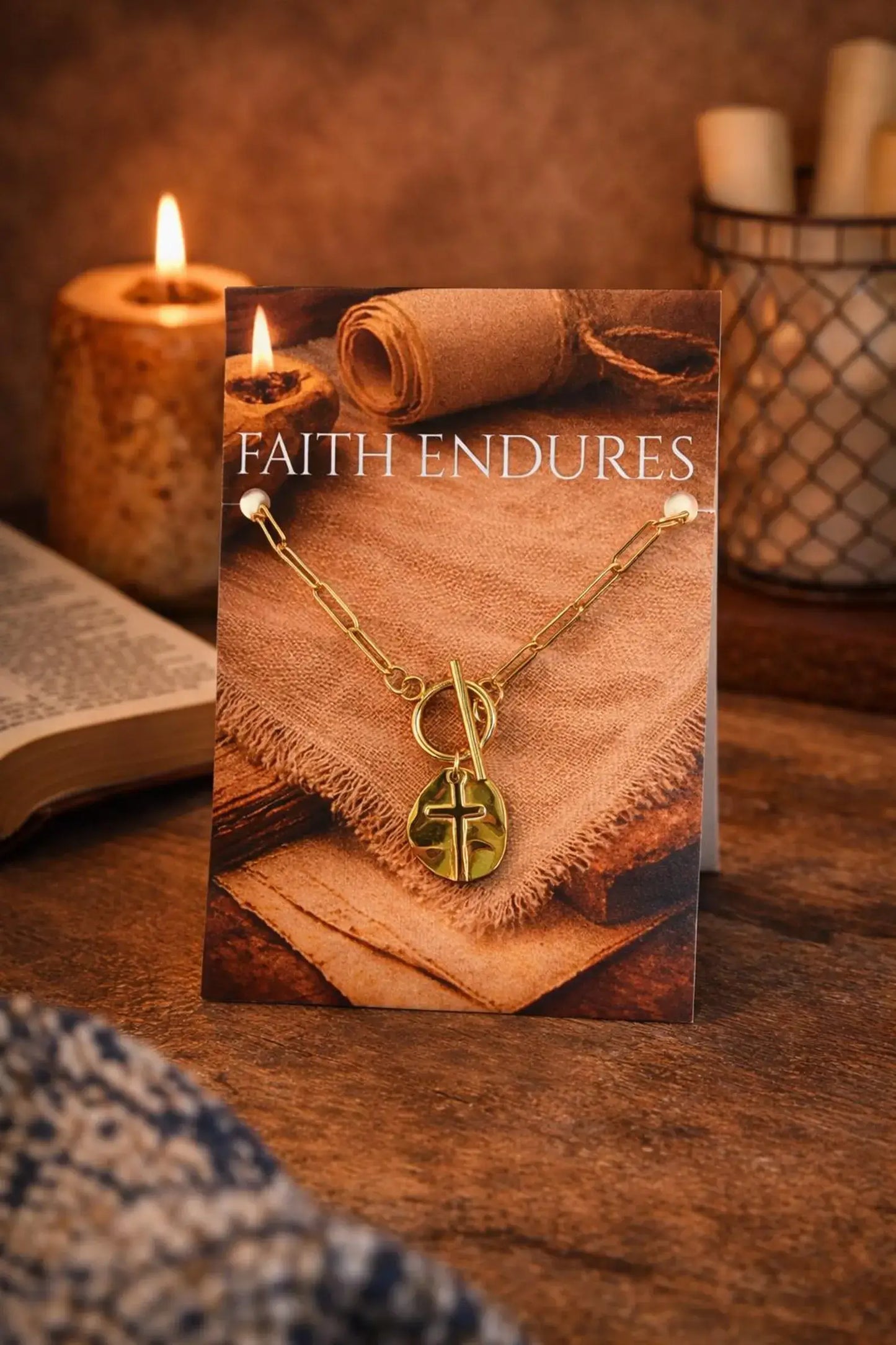 Faith Endures Cross Necklace – Gold Paperclip Chain 18"