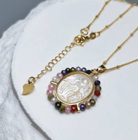 Gold-Plated Our Lady of Grace Mother of Pearl & Multicolor Zircon Necklace 18-inch