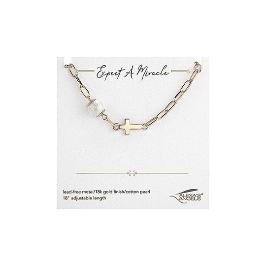 8"L GOLD PEARL CROSS ADJUSTABLE NECKLACE (Alexa's Angels)