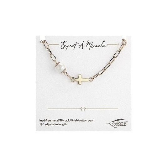 8"L GOLD PEARL CROSS ADJUSTABLE NECKLACE (Alexa's Angels)