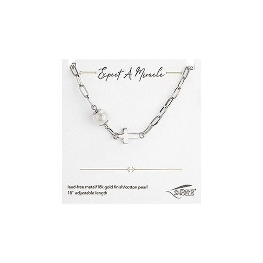 18"L SILVER PEARL CROSS ADJUSTABLE NECKLACE (Alexa's Angels)