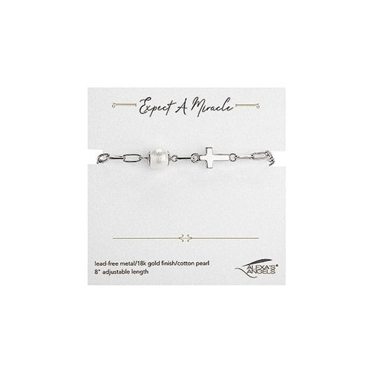 8"L SILVER PEARL CROSS ADJUSTABLE BRACELET (Alexa's Angels)
