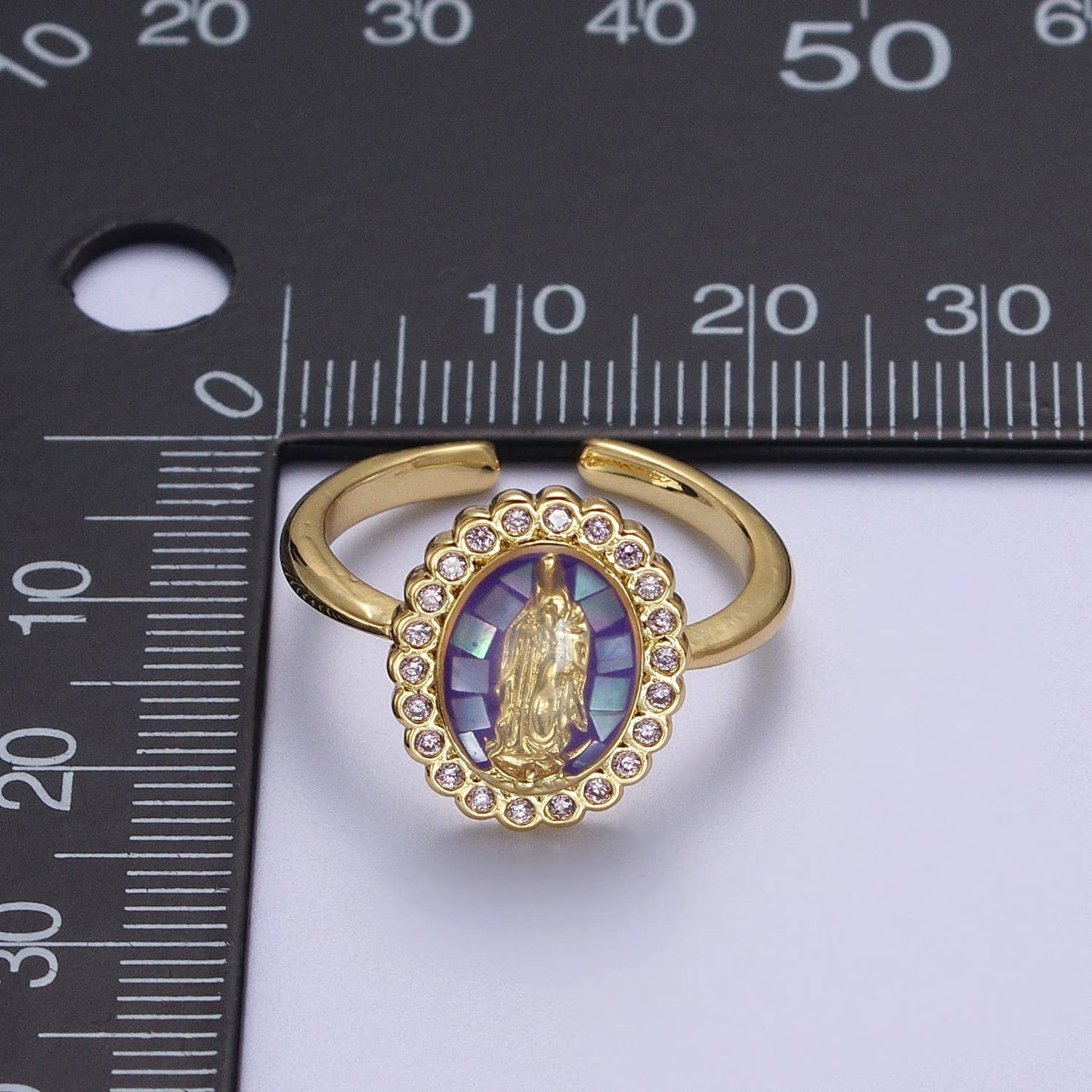Oval Purple CZ Stone Mother Mary Religious Adjustable Ring