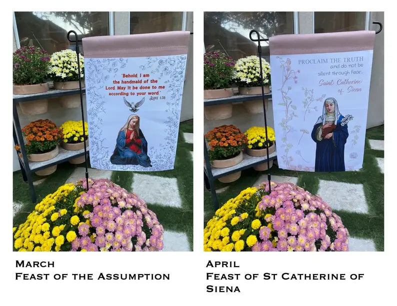 Catholic Garden flags. Marian garden. Sacred heart flag.