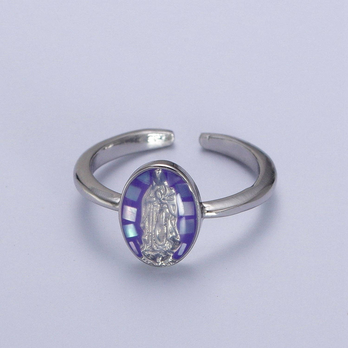Gold Filled Oval Virgin Mother Mary Shell Opal Ring