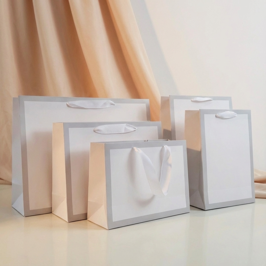 Soft Gray Border Gusset White Gift Bag w/ tissue