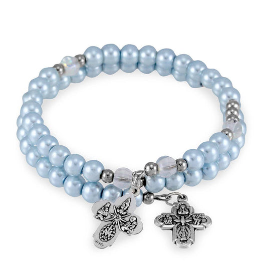 Wrap Around Rosary Bracelet Blue Beads Four way Cross