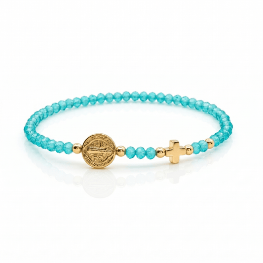 Saint Benedict Turquoise Stretch Bracelet | Gold Cross
