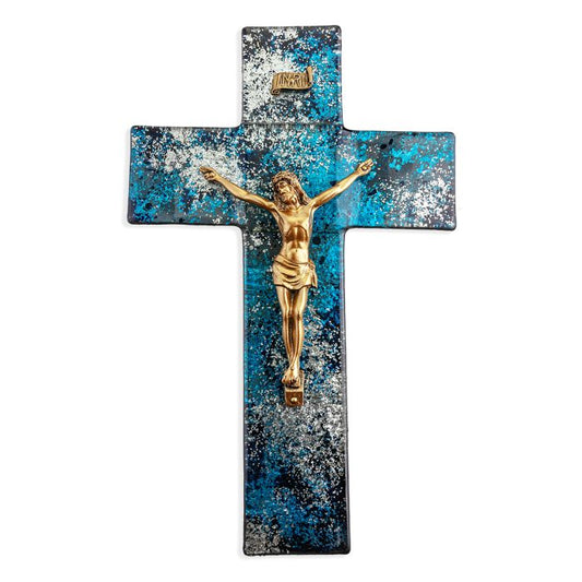 Glass Crucifix - Blue and Silver Shimmer Pattern