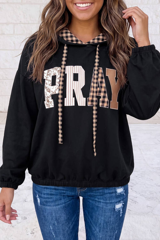 PRAY Letter Graphic Plaid Contrast Drawstring Hoodie