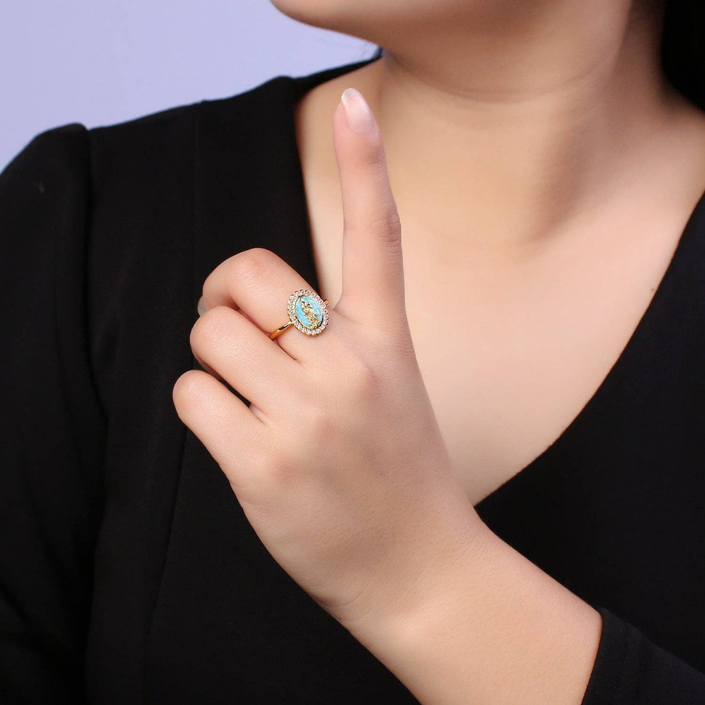 Oval CZ Stone Our Lady of Guadalupe Religious Adjustable Ring