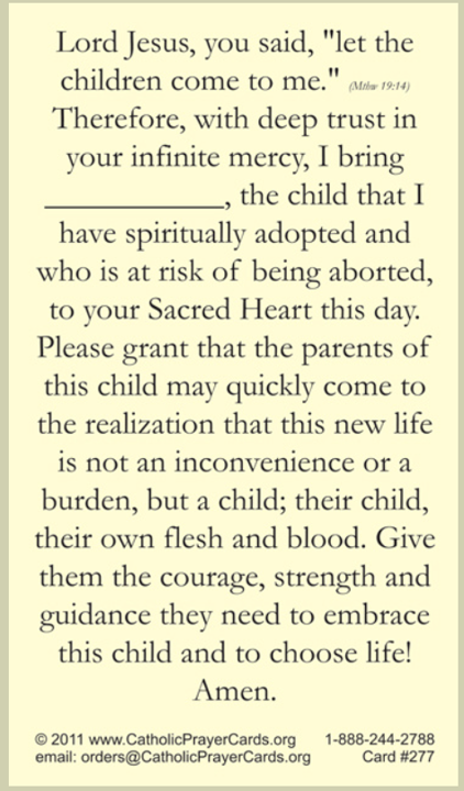 Pro-Life Spiritual Adoption Prayer Card