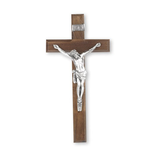 12" Walnut Wood Cross with Antiqued Pewter Corpus