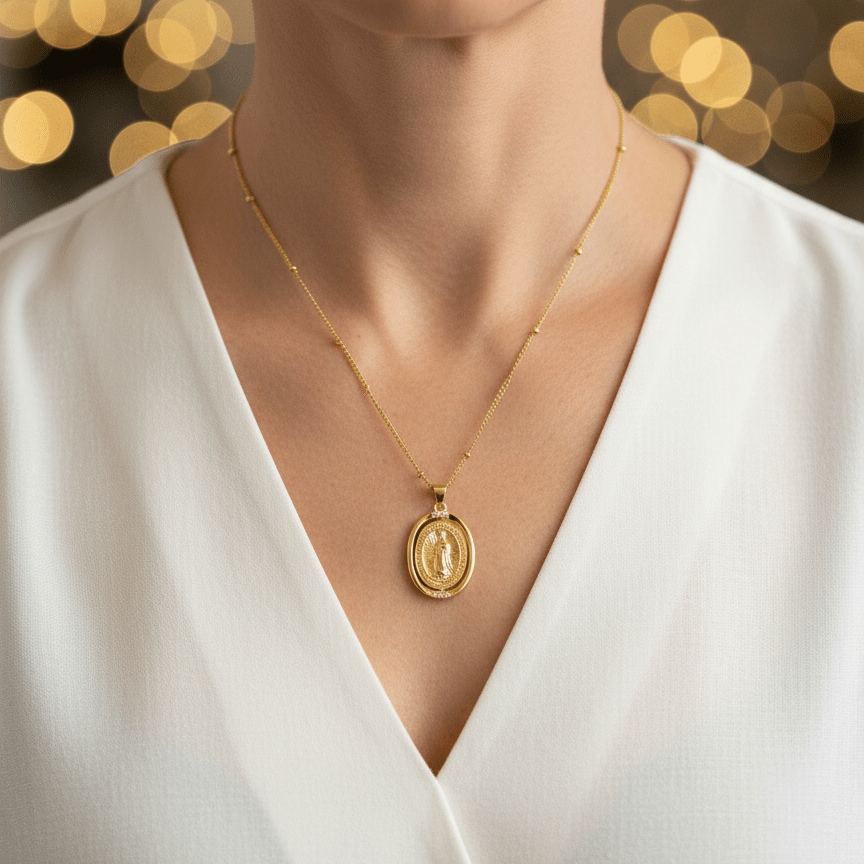 Gold-Plated Our Lady of Guadalupe Necklace · 18” Chain