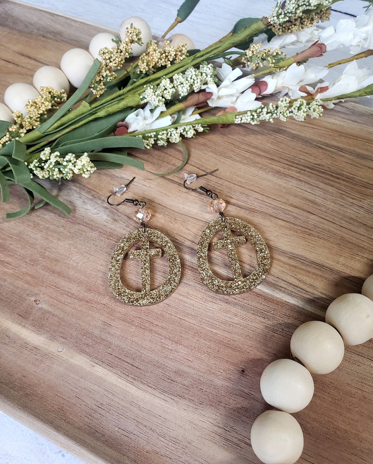 Gold Glitter Circle Cross Earrings