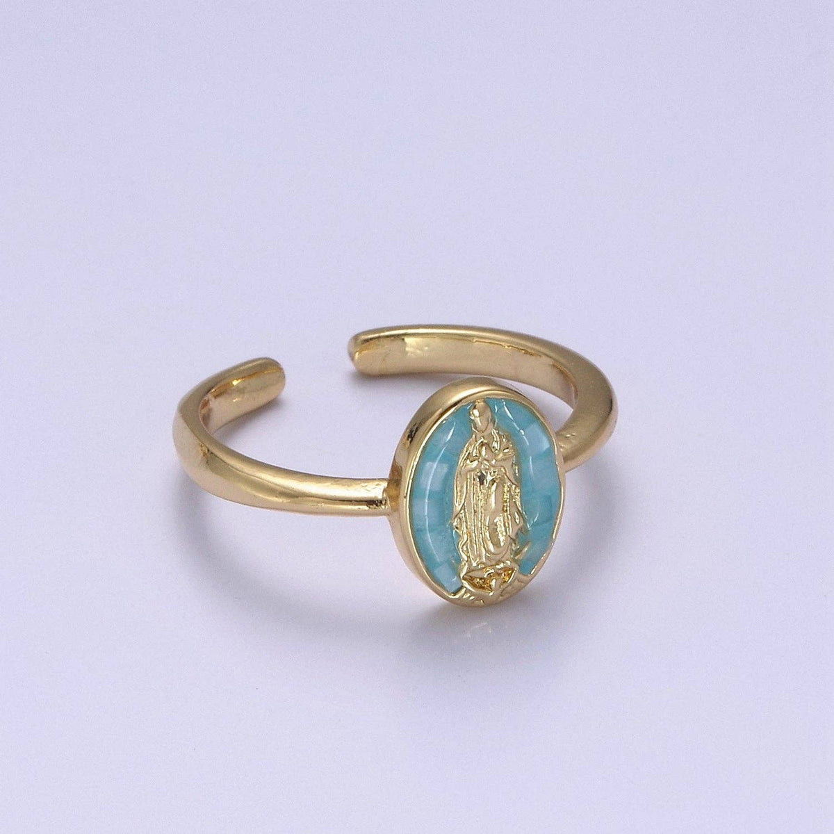 Gold Filled Oval Virgin Mother Mary Shell Opal Ring