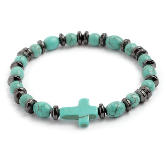 Elastic Rosary Bracelet Turquoise Stone and Hematite Beads