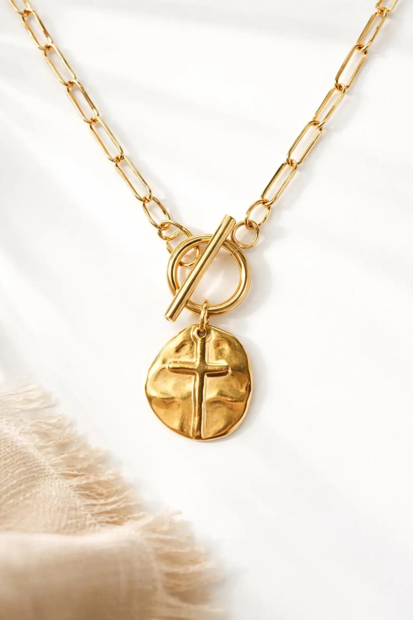 Faith Endures Cross Necklace – Gold Paperclip Chain 18"