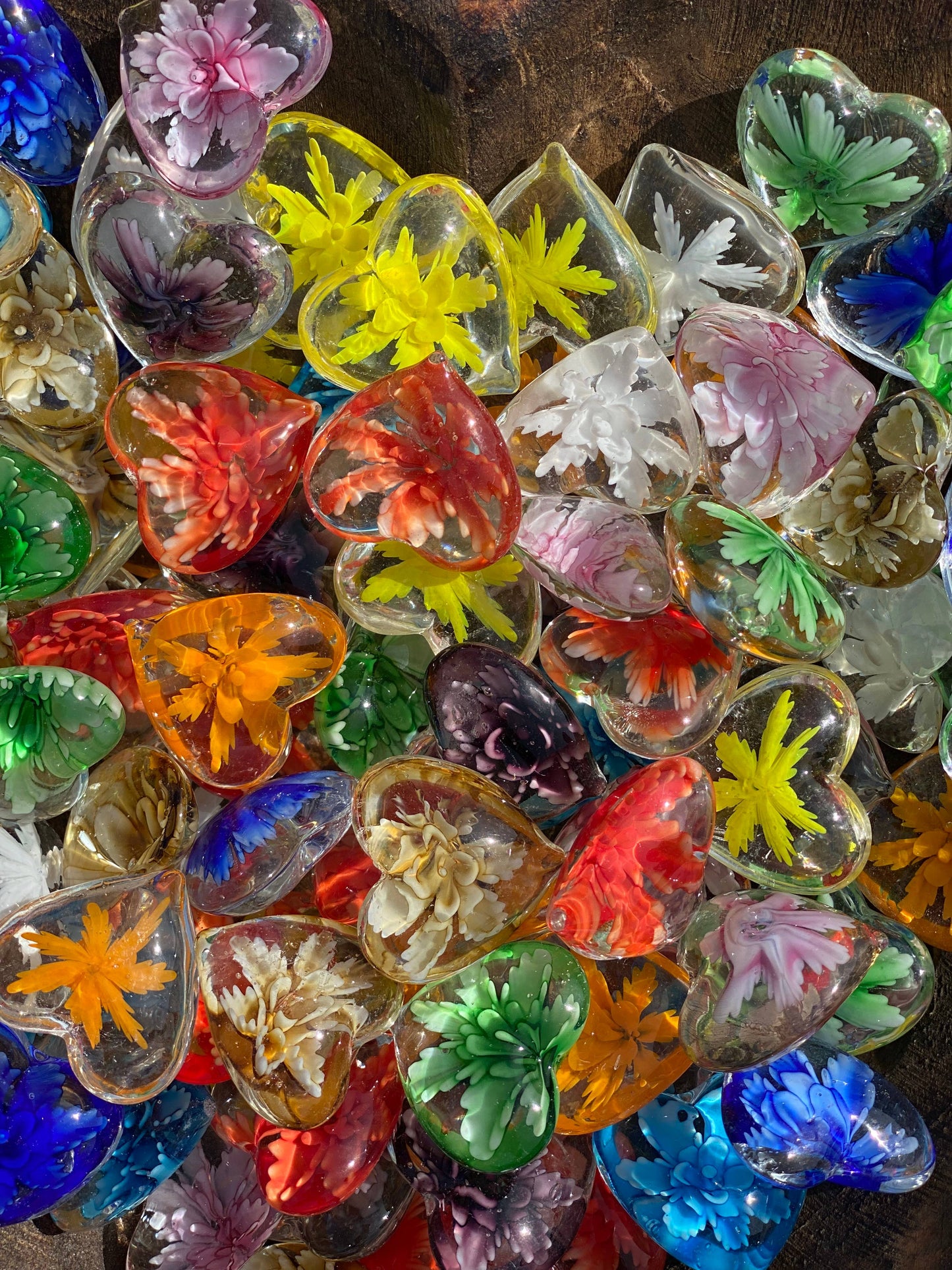 Floral Glass Pocket Hearts in Rainbow Colors