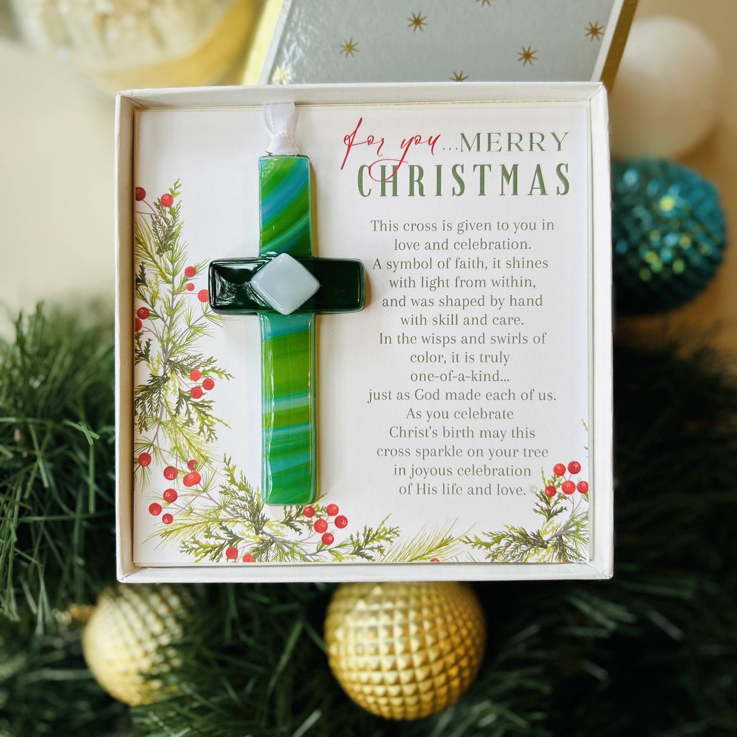 Merry Christmas Christian Gift USA Handmade Glass Cross 4475