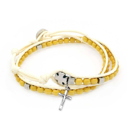 Ladder Design Yellow Wood Beads Wrap Around Rosary Bracelet