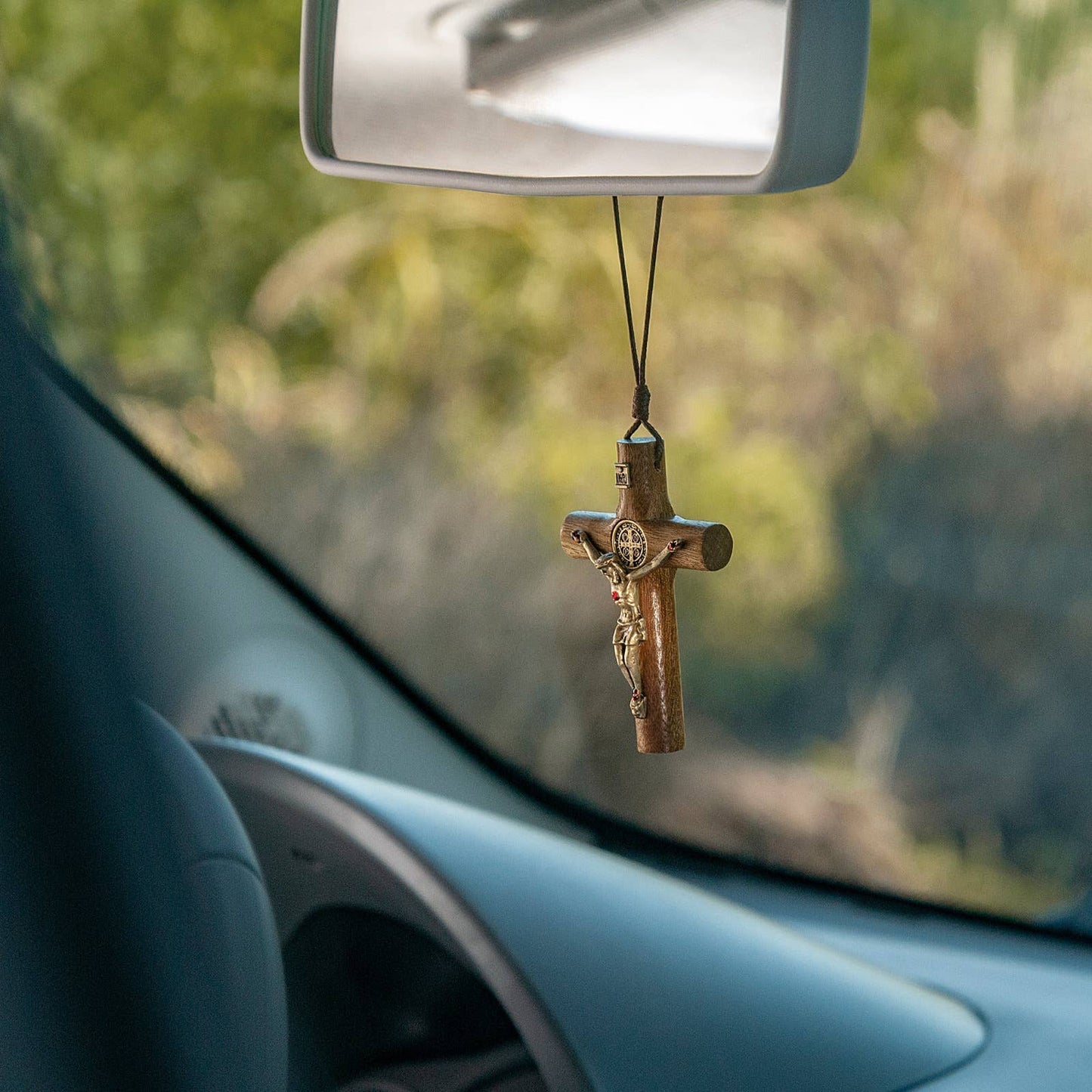 St Benedict Wooden Rearview Mirror Cross    