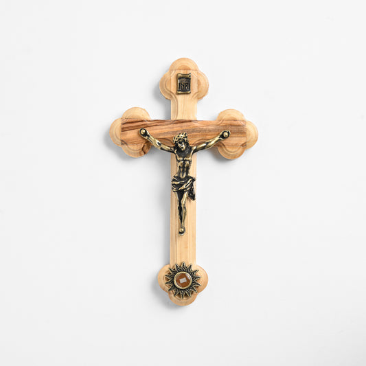Olive Wood Crucifix with Relic 5.5 in