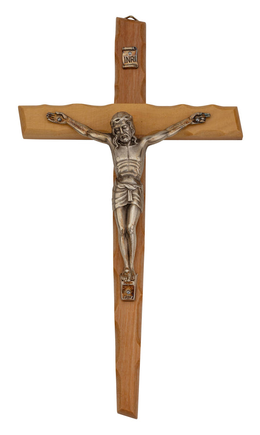 8" Crucifix Carved Olive Wood with Silver Tone Corpus