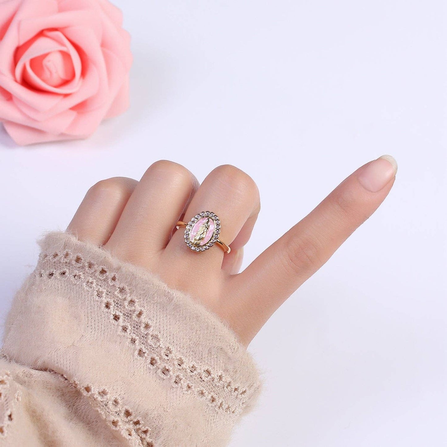 Oval CZ Stone Our Lady of Guadalupe Religious Adjustable Ring
