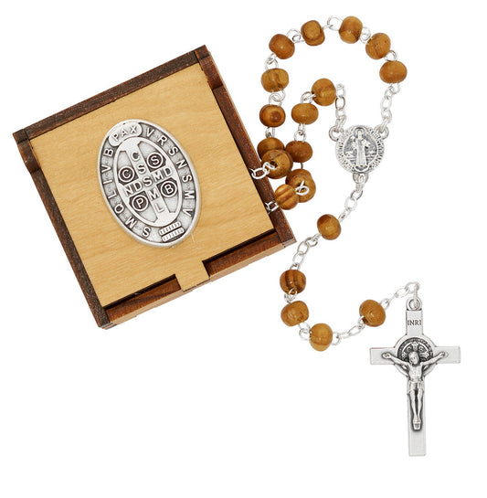 ST BENEDICT WOOD ROSARY & BOX